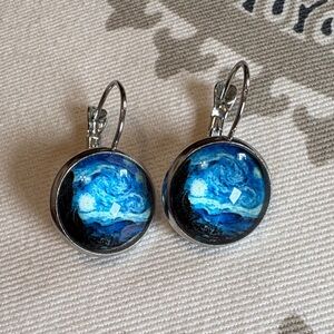 Van gogh Blue Starry NightEarrings.  Pierced, Silvertone lever back.